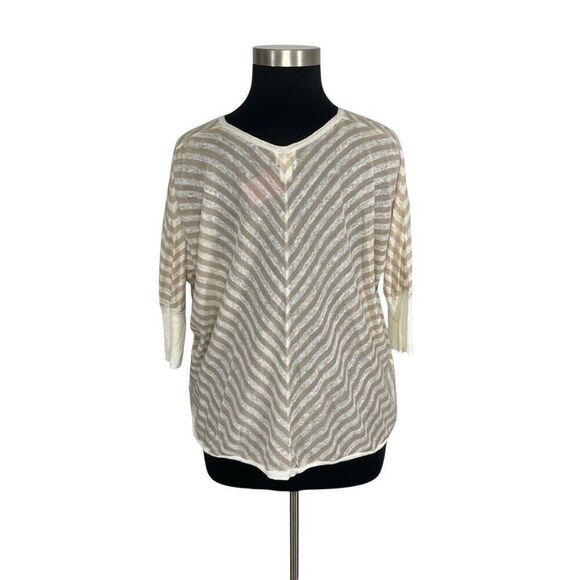 Chico’s 0 S Tan Striped Top Dolman Batwing Linen Blend Coastal Fits M L XL - Picture 3 of 7